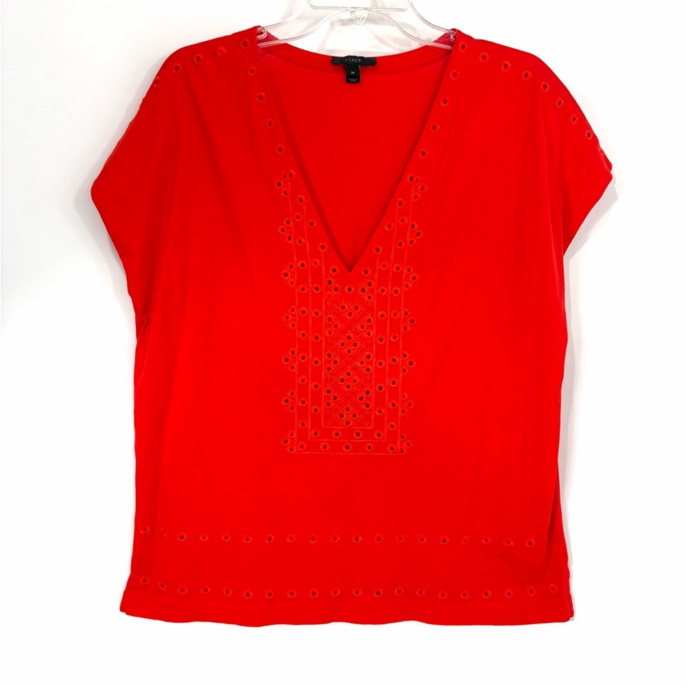 J. Crew Red Eyelet V-Neck Blouse 100% Cotton